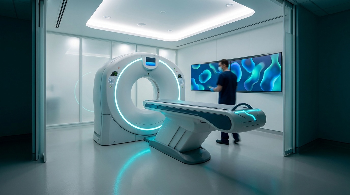 Sala de TC cardiaco moderna con luz blanca y cian